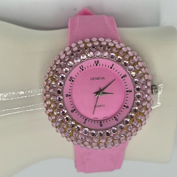 Geneva Crystal Pink Large Face Statement Watch with Japanese Quartz Movement - Picture 6 of 6